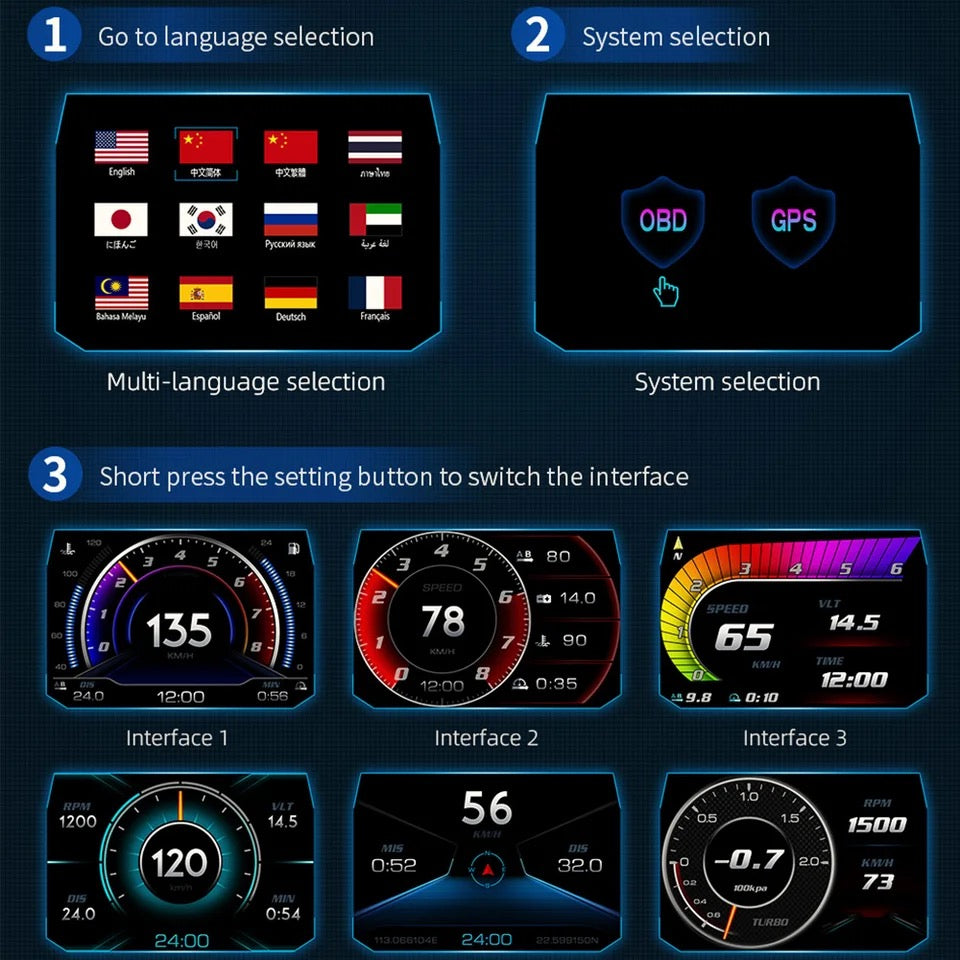 OBD2 Head-up Display Car Digital Speedometer RPM Tachometer Water/Oil Temperature Speed Meter for Cars - P24