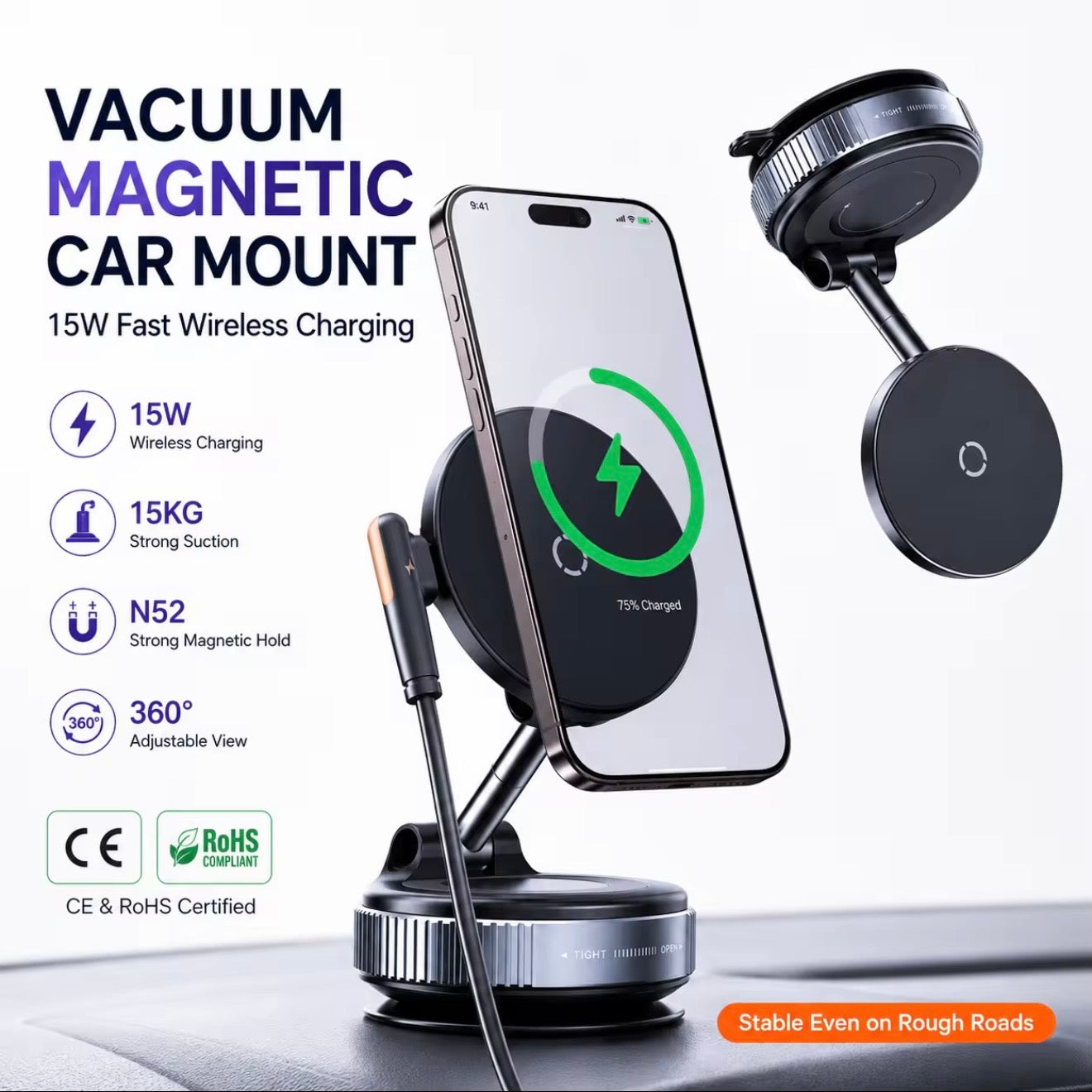 Magnetic Car Phone Holder – 15W Wireless Charger | N52 Magnet | 360° Adjustable