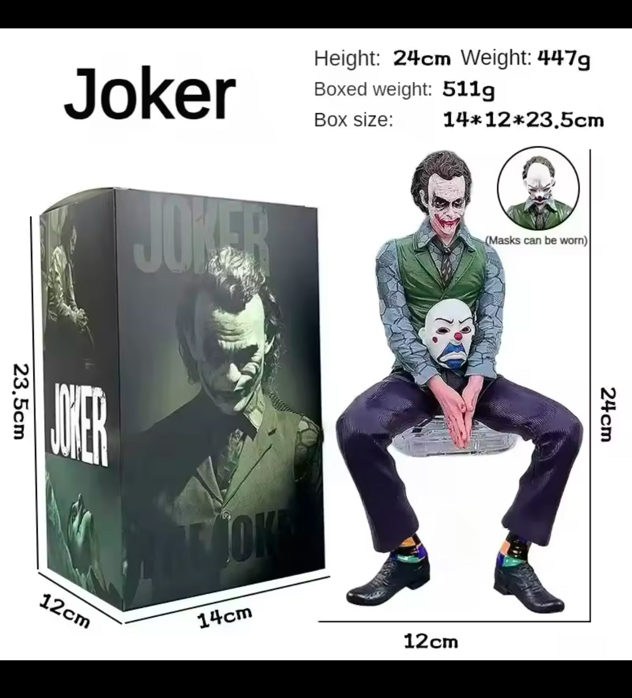 Joker Heath Ledger Action Figure Sitting Green Suit Handheld Joker Mask Car Doll Desktop Decoration
