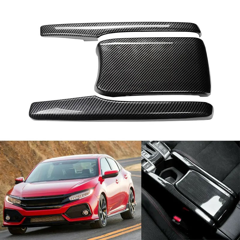 Honda Civic X Carbon Fiber Central Armrest Box Panel Cover - 3 Pcs