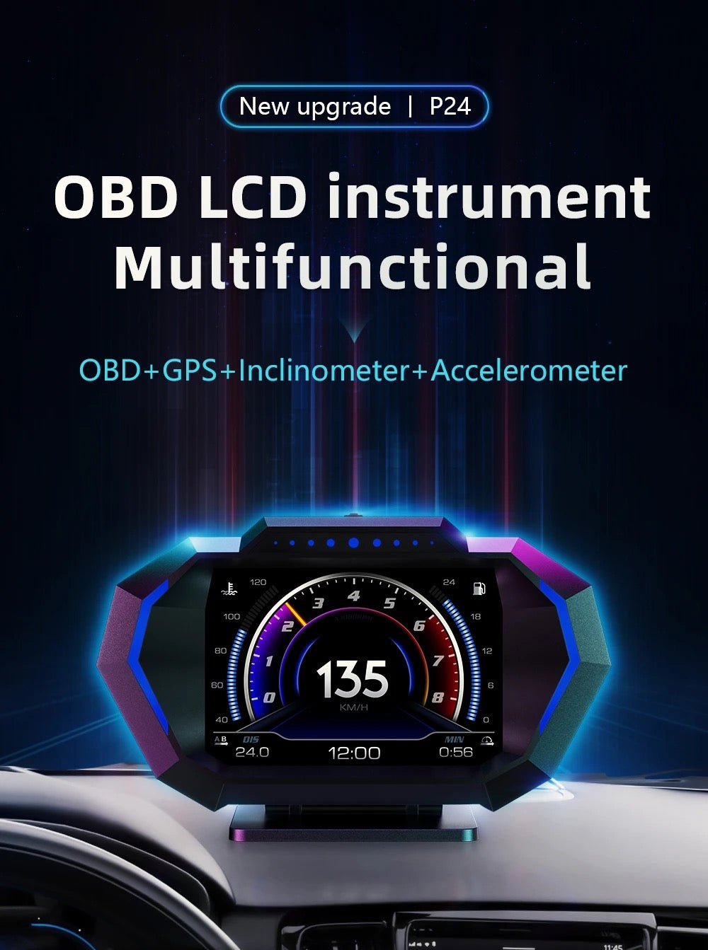 OBD2 Head-up Display Car Digital Speedometer RPM Tachometer Water/Oil Temperature Speed Meter for Cars - P24