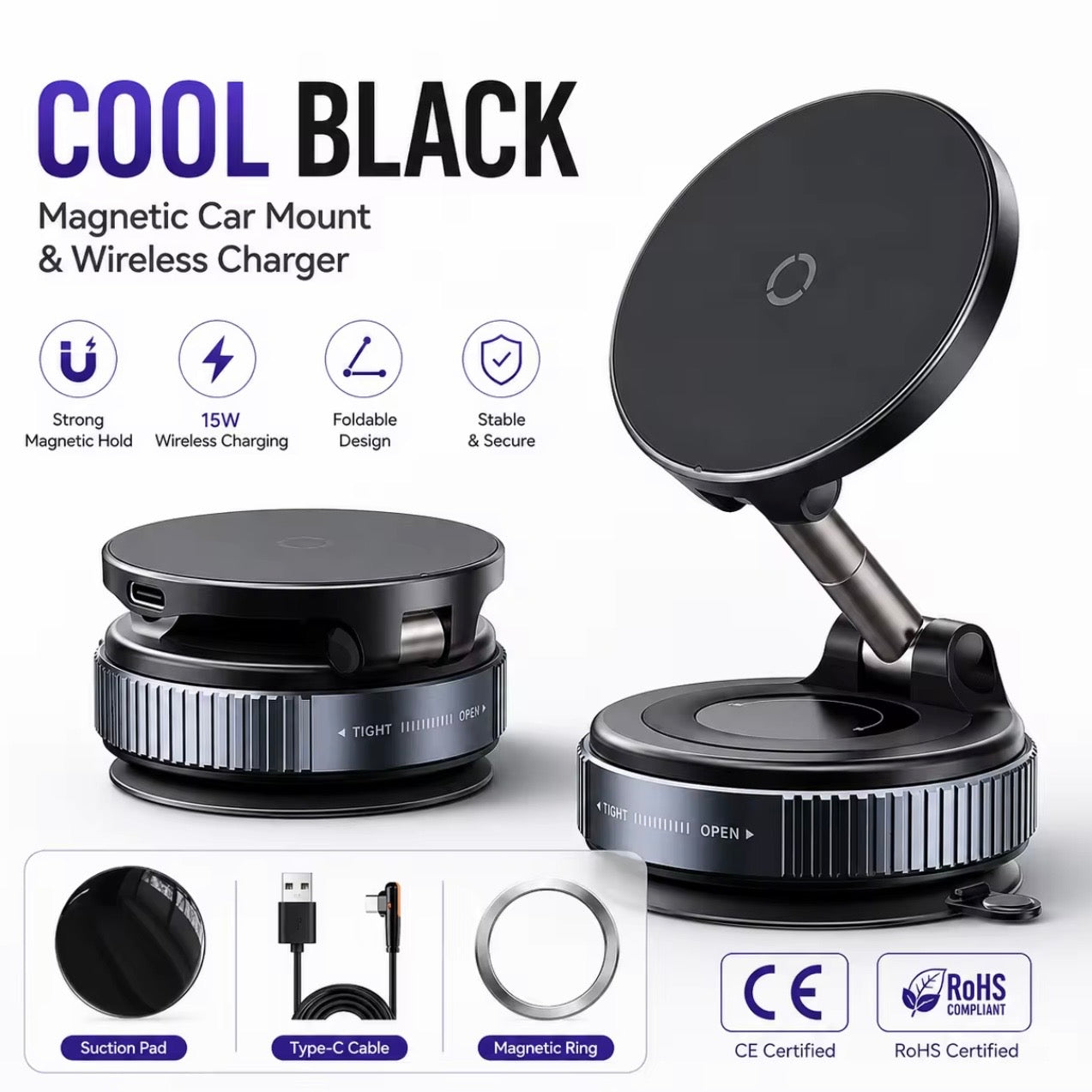 Magnetic Car Phone Holder – 15W Wireless Charger | N52 Magnet | 360° Adjustable