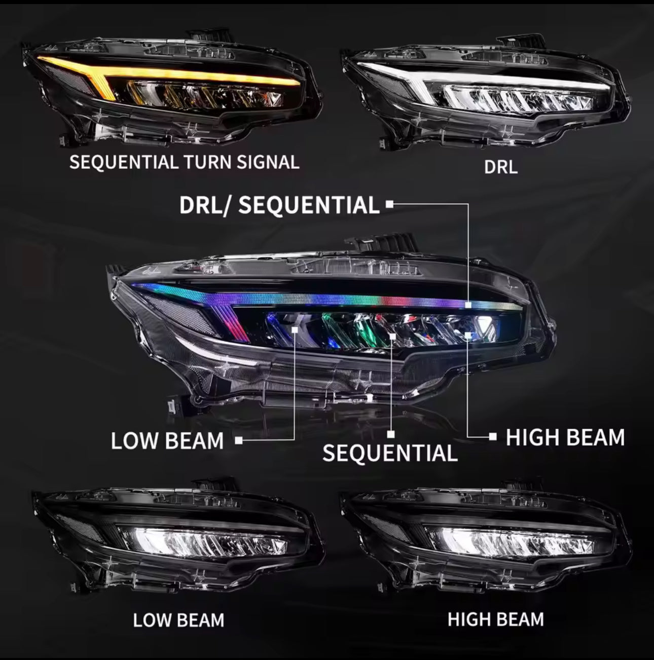 Honda Civic X Audi style RGB headlights.