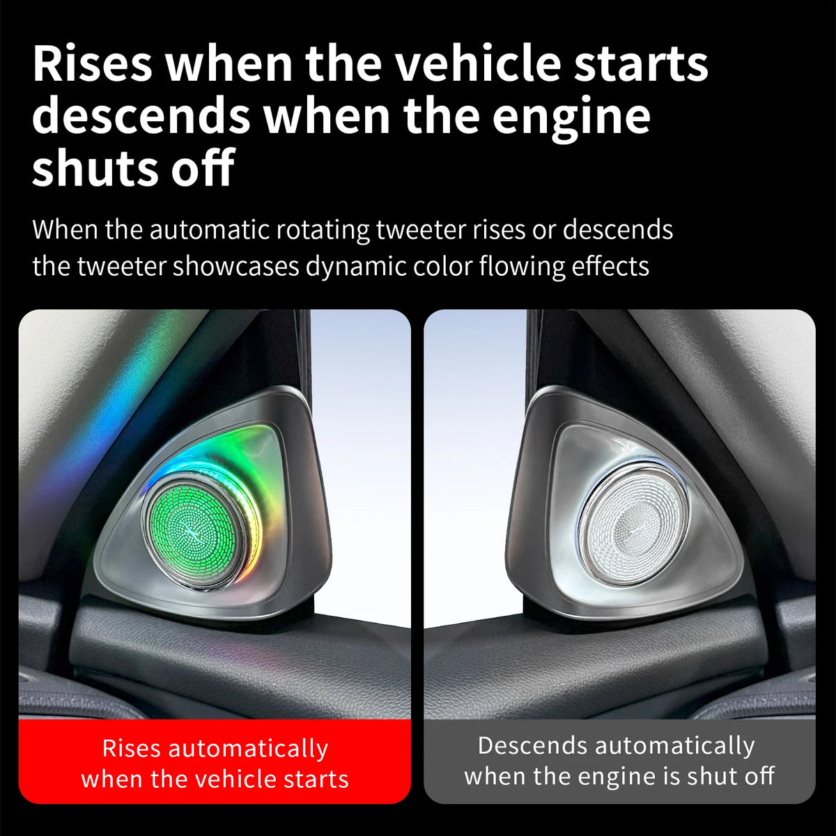 Rotating tweeter rises when car starts and descends when engine is off