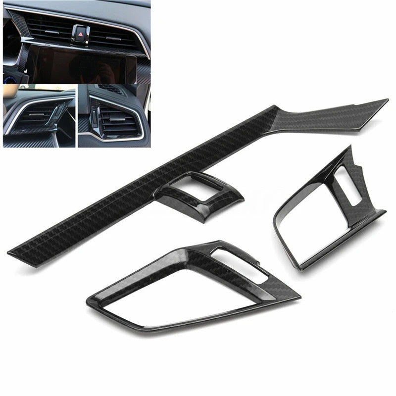 Honda Civic X Carbon Fiber Dashboard Center Side AC Air Vent Outlet Cover Trim - 3 Pcs